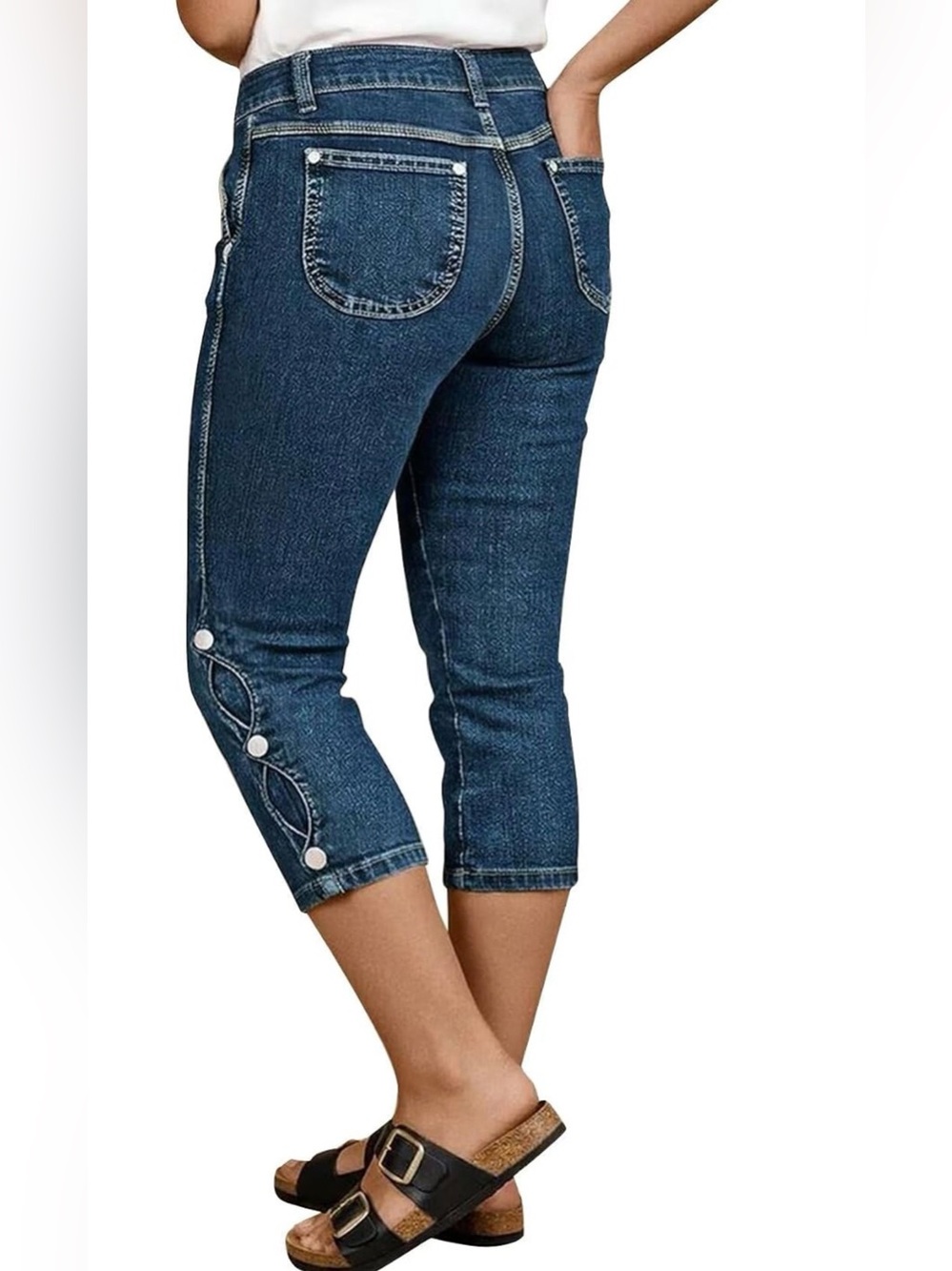 Flamingals Mid Waist Skinny Capri Wash Button Decor Crop Jeans S PS3-31
